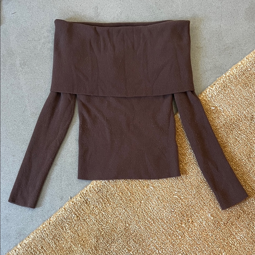 Aritzia Wilfred Chocolate Brown Off the Shoulder Knit Top